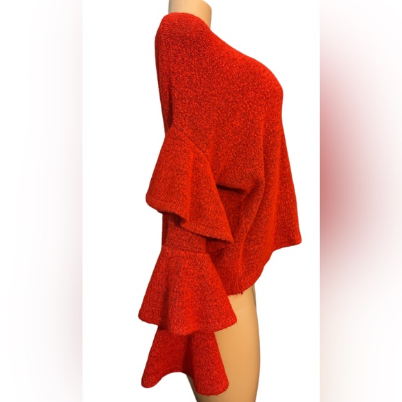 Red Sweater Tiered Ruffled Sleeve Pullover Oversized Sweater  ~ Size S ~ Women’s - Picture 2 of 8